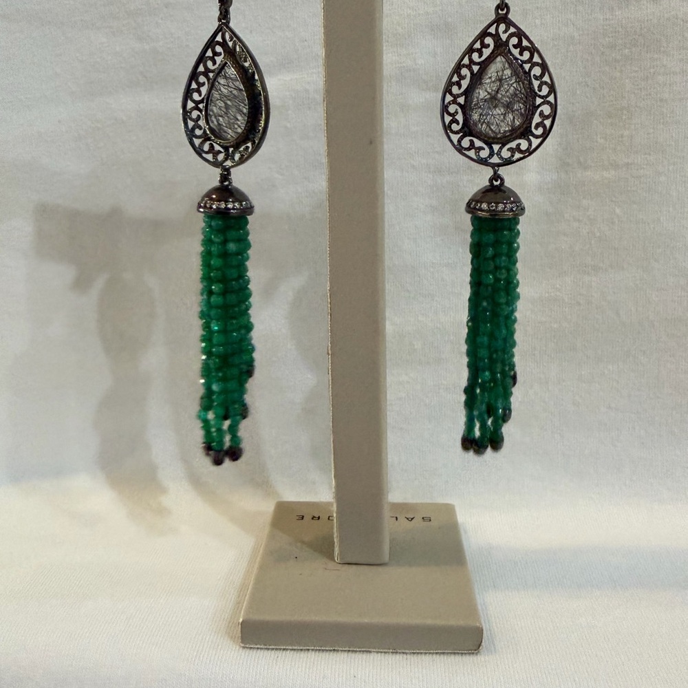Salvatore Plata Rutilated Quartz Green Chalcedony Tassel Earrings | Boutique New